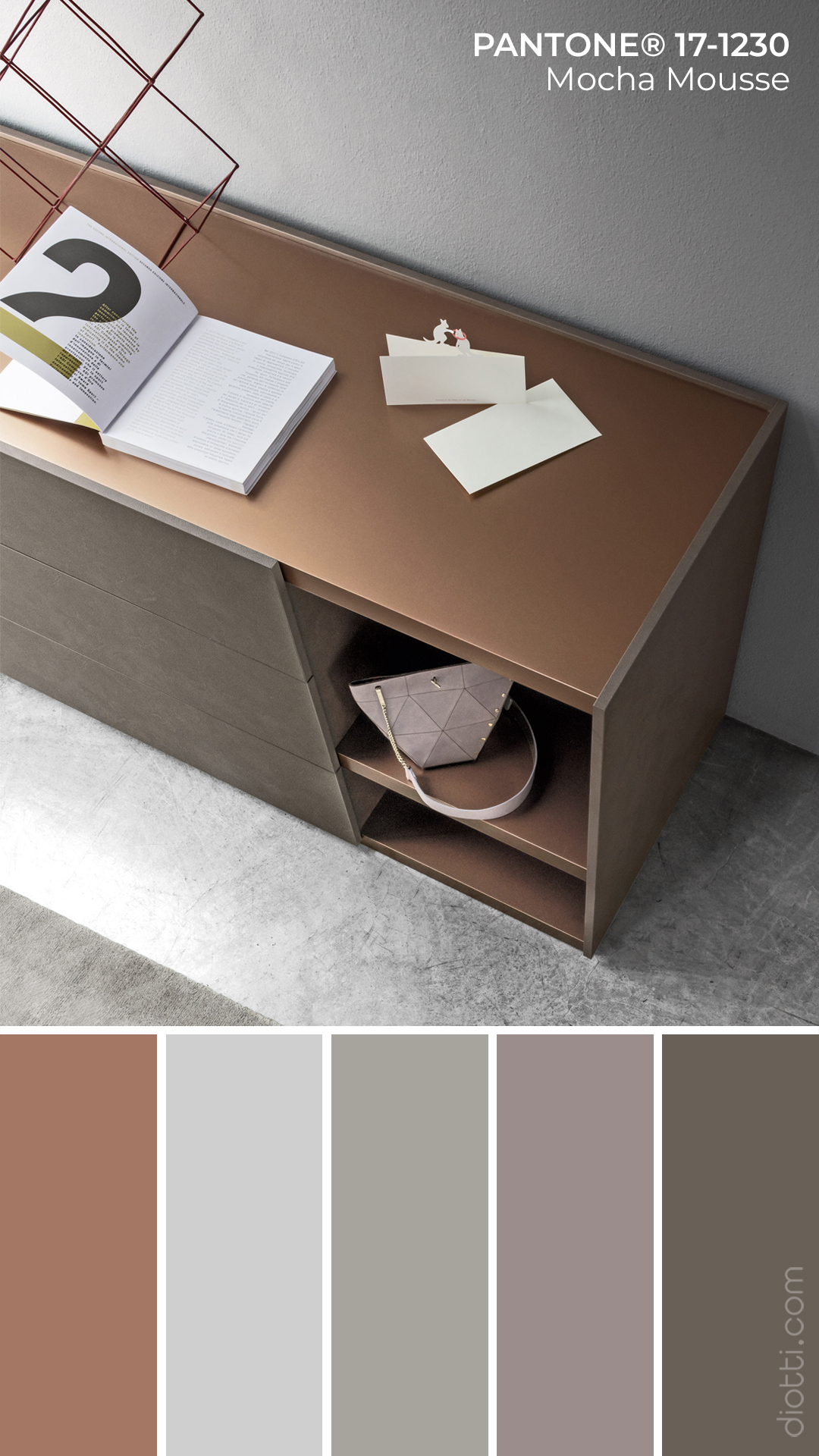 Pantone Mocha Mousse 17-1230 - Moodboard con palette di colori per il soggiorno