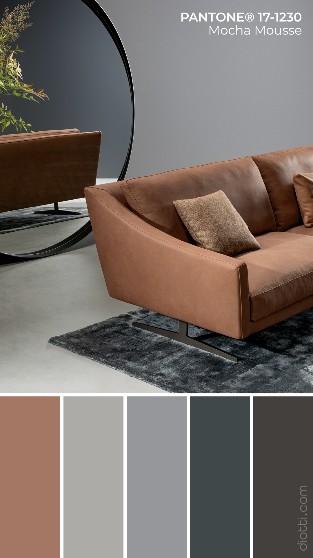 Pantone Mocha Mousse 17-1230 - Moodboard con palette di colori per il salotto