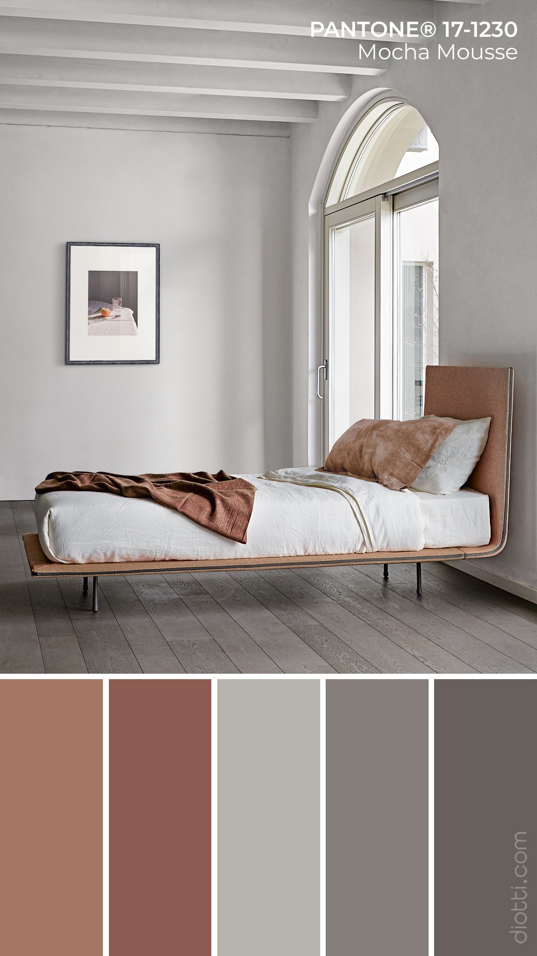 Pantone Mocha Mousse 17-1230 - Moodboard con palette di colori per la camera da letto