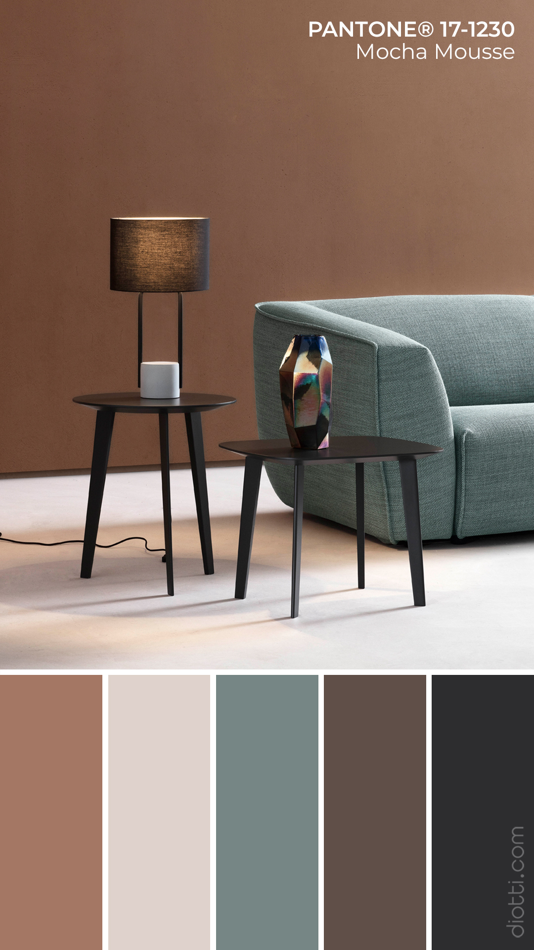 Pantone Mocha Mousse 17-1230 - Moodboard con palette di colori per il salotto