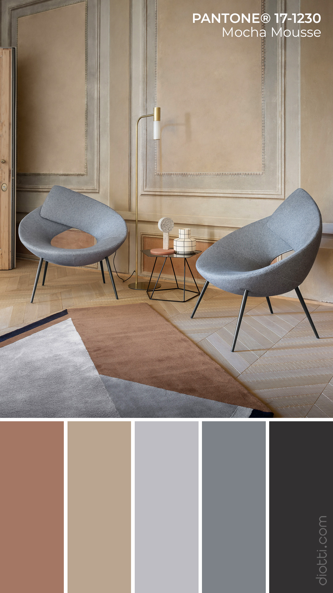 Pantone Mocha Mousse 17-1230 - Moodboard con palette di colori per il salotto