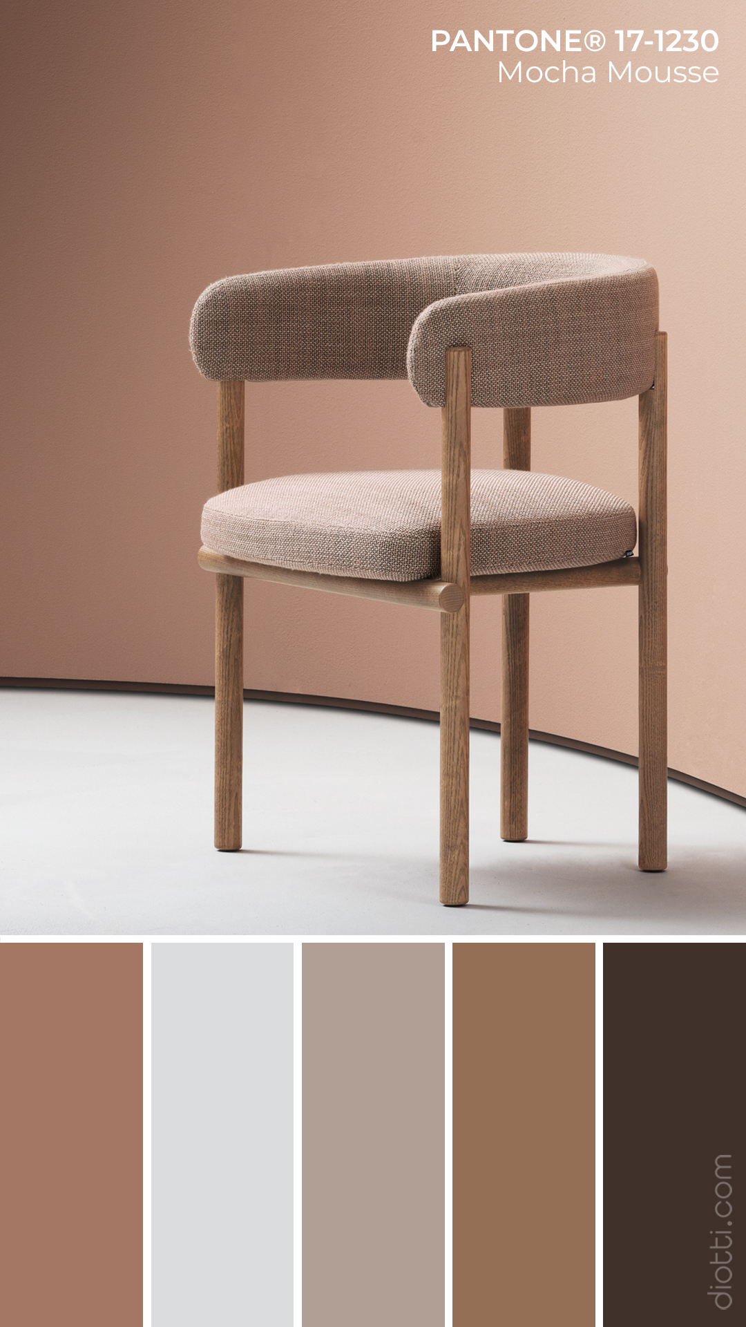 Pantone Mocha Mousse 17-1230 - Moodboard con palette di colori per il soggiorno