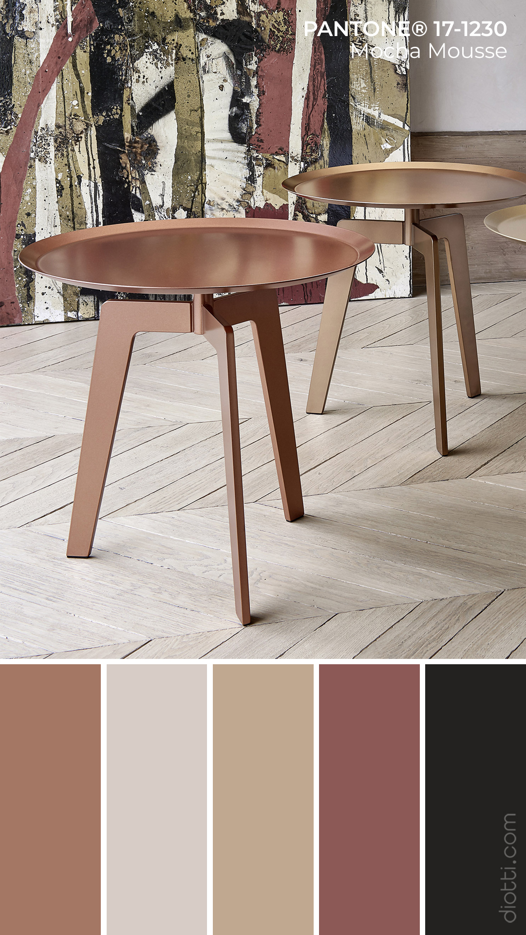 Pantone Mocha Mousse 17-1230 - Moodboard con palette di colori per il salotto