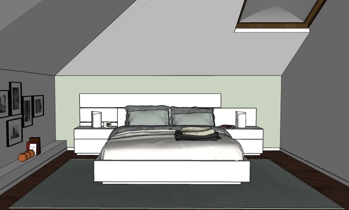 Una camera da letto con letto e mensole con sopra una pianta.