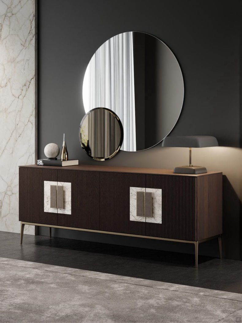 Credenza in ceramica e legno cannettato su piedi alti | Window